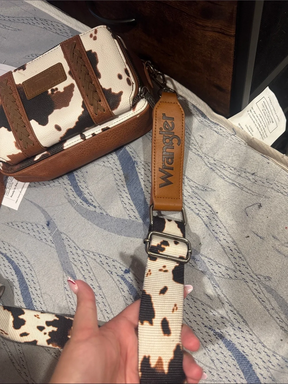 Wrangler Brown and White Cowhide-Print Messenger Bag